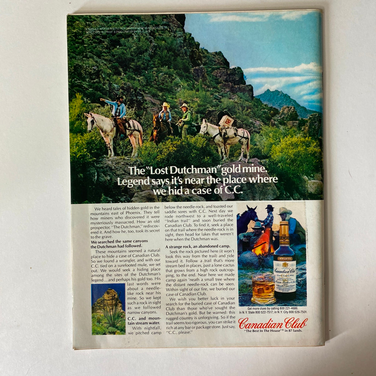 The Lost Dutchman gold mine advertisement from Esquire Magazine October 10, 1978, featuring a scenic image of horseback riders exploring rugged landscapes, promoting Canadian Club whiskey.