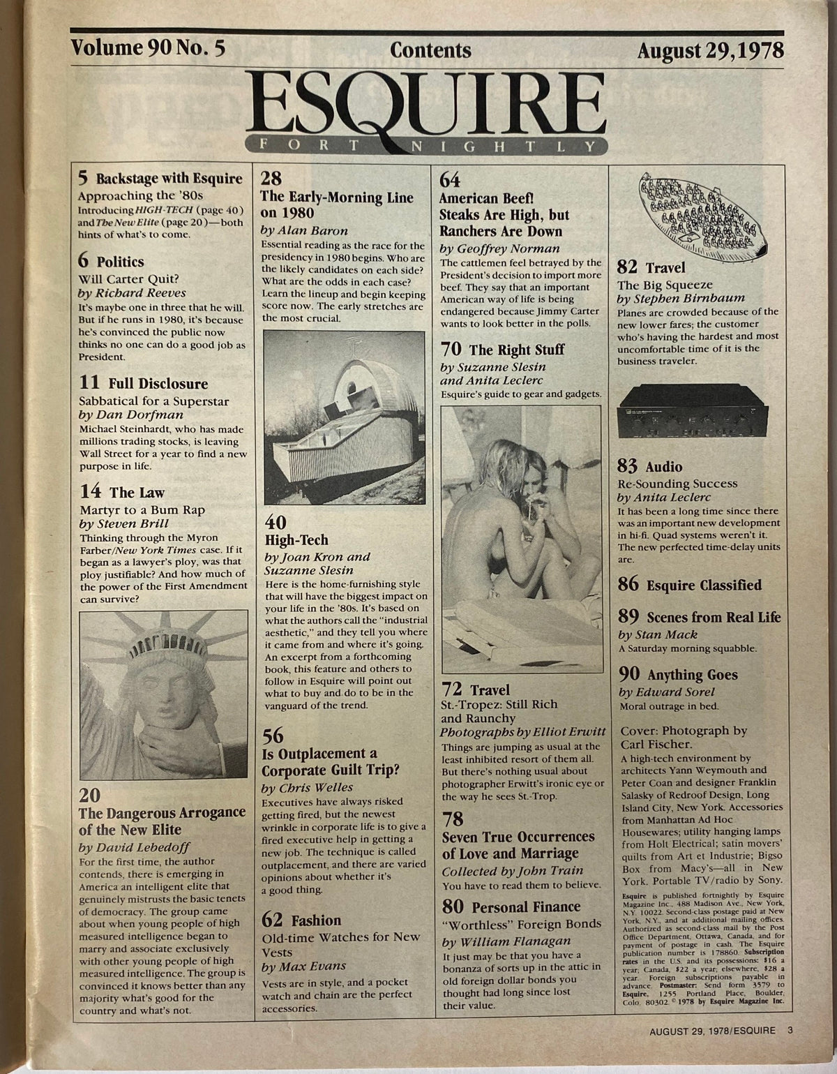 Contents page of Esquire Magazine August 29, 1978, showcasing articles about political predictions and design innovations, including 'The Early-Morning Line on 1980' and 'High-Tech'.