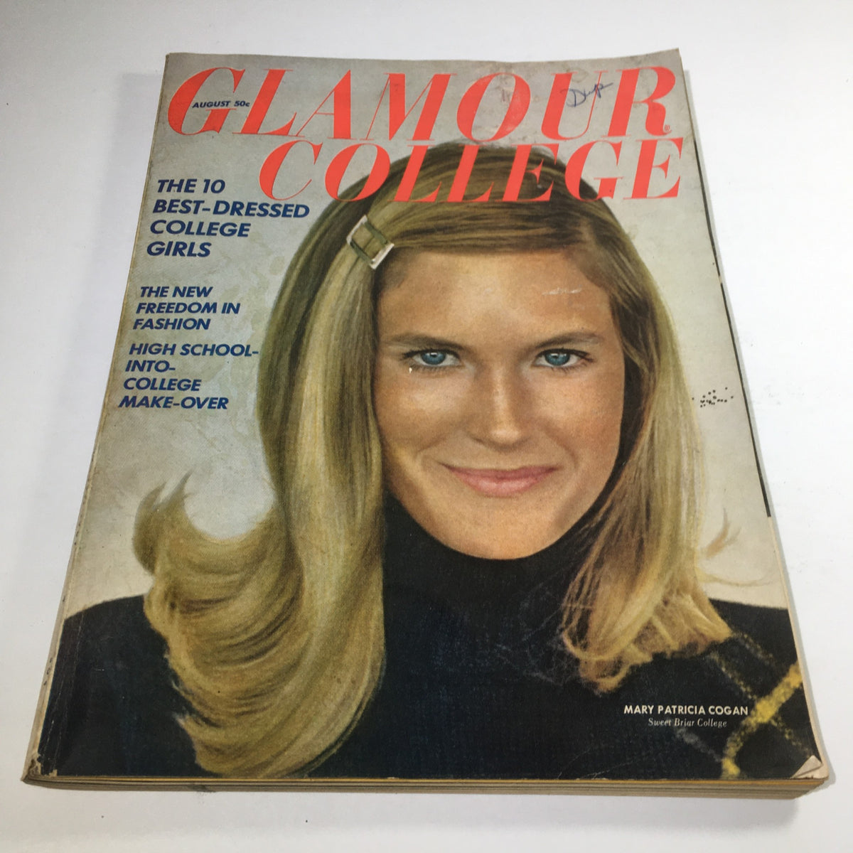 VTG Glamour College magazine cover from August 1967 featuring Mary Patricia Cogan, showcasing vintage fashion and youth culture trends of the 1960s.