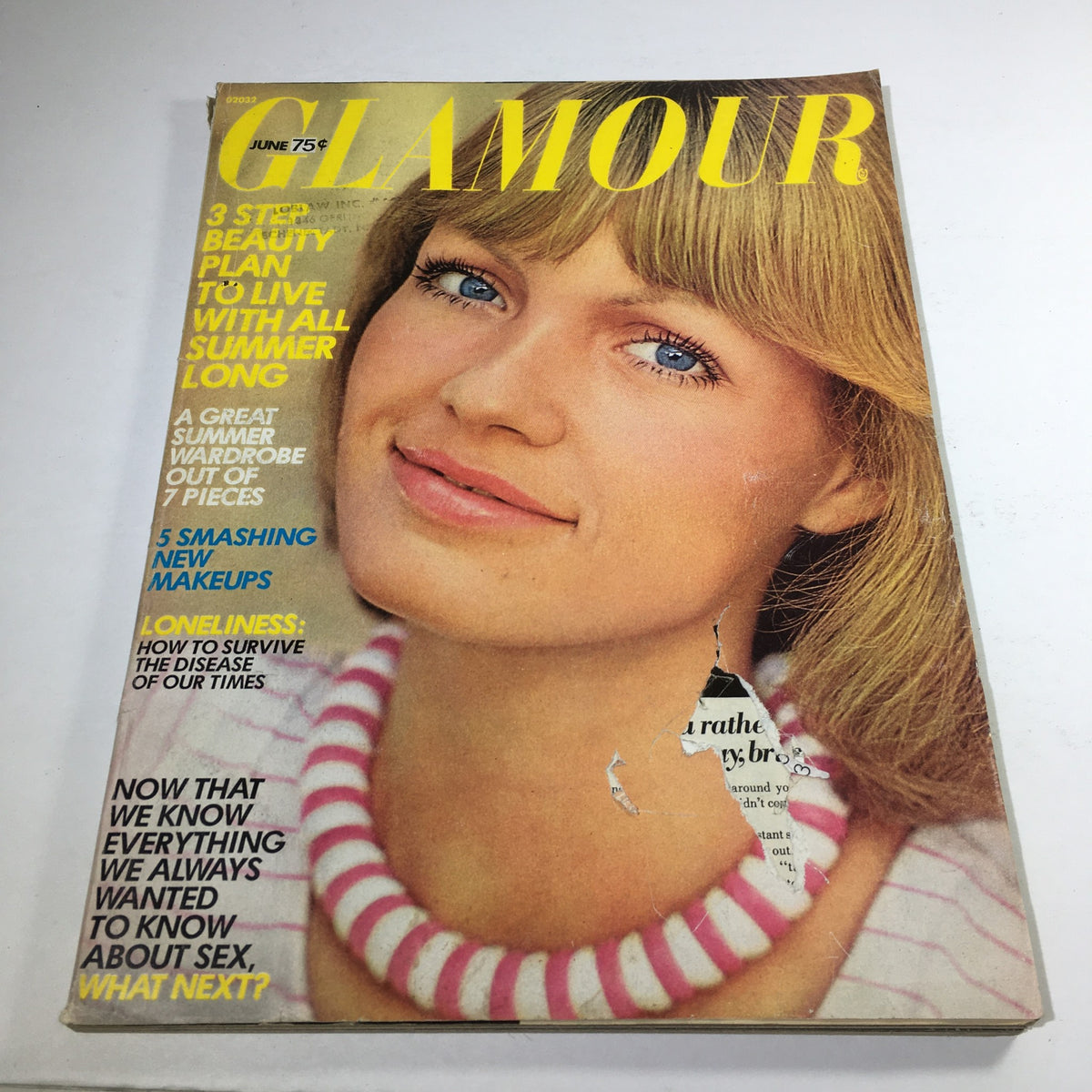 Vintage Glamour Magazine from June 1973 featuring Beshka Sorensen on the cover, showcasing 1970s fashion and beauty trends. The magazine has some wear and tear, including a rip on the cover, adding to its vintage charm.