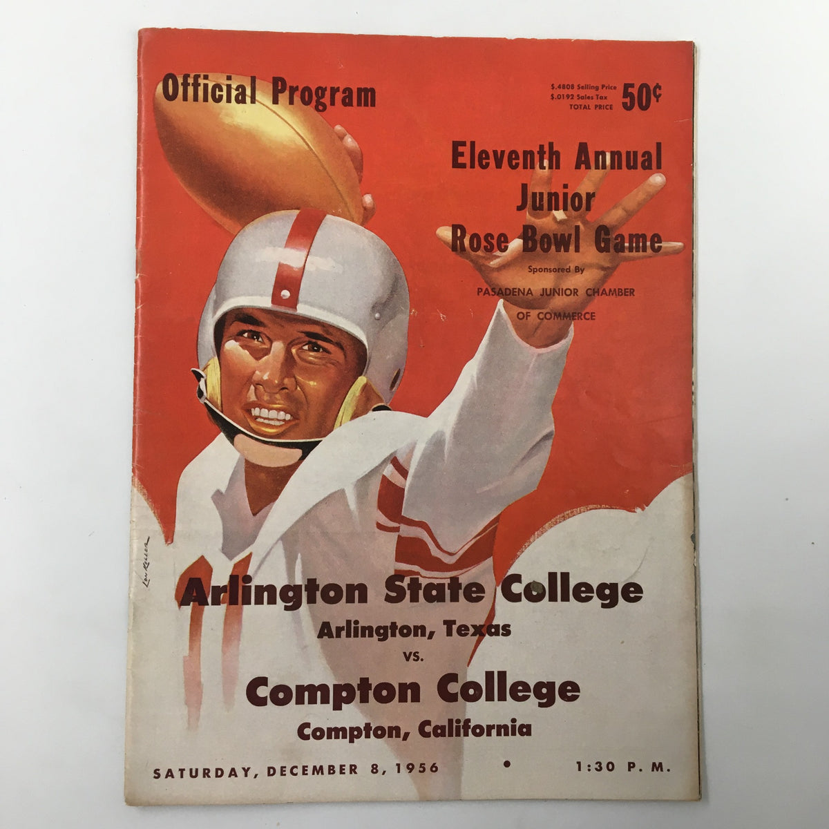 Cover of the December 8 1956 NCAA Football Arlington vs Compton Junior Rose Bowl Game Program featuring a football player in a white jersey, showcasing the event details and team names.