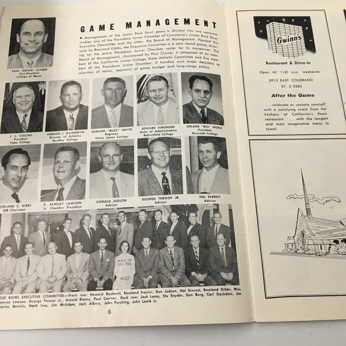 Game Management page from the December 8, 1956 NCAA Football Arlington vs Compton Junior Rose Bowl Game Program showing the executive committee and management team.