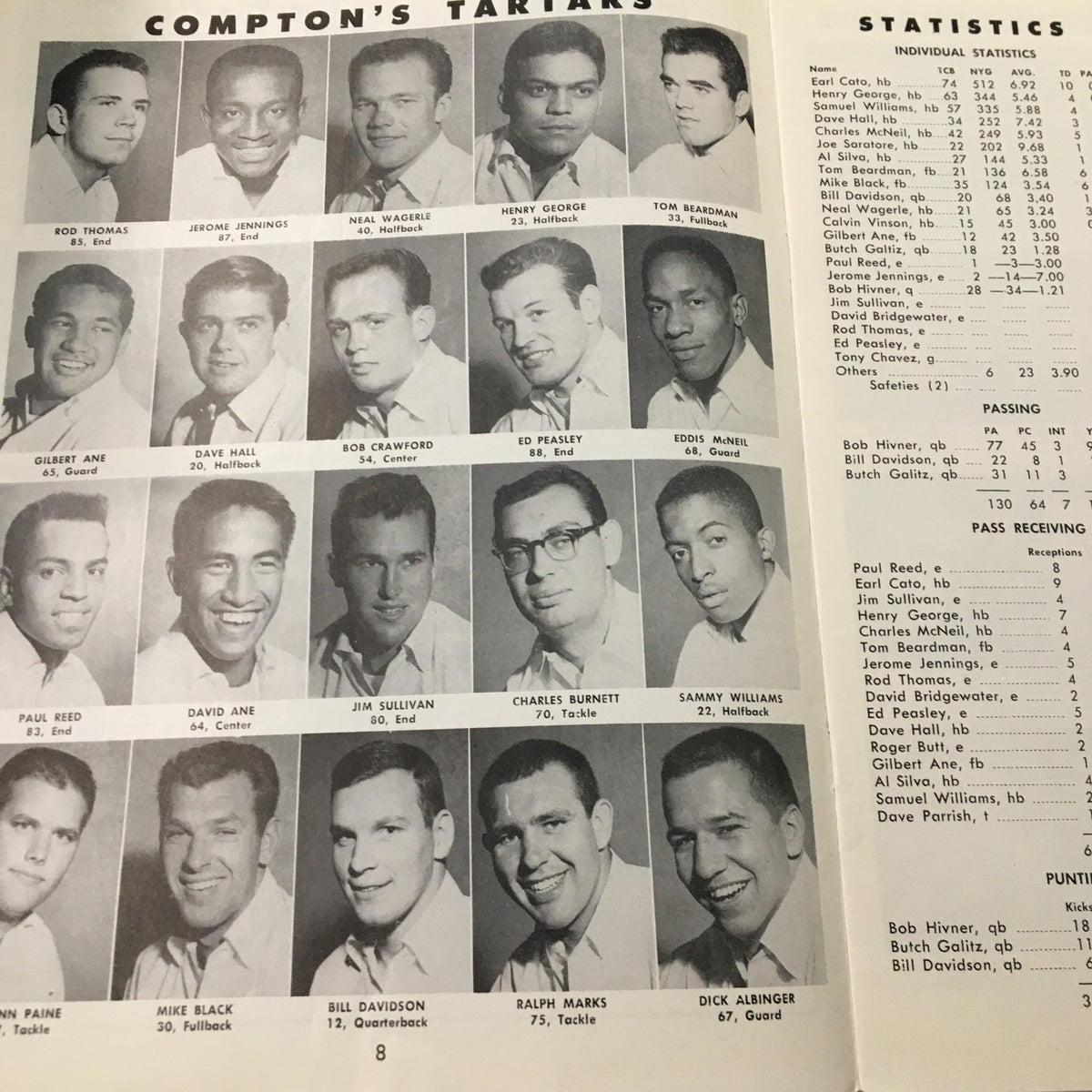 Player lineup for Compton's Tarikars in the December 8, 1956 NCAA Football Arlington vs Compton Junior Rose Bowl Game Program featuring photographs and names of team members.