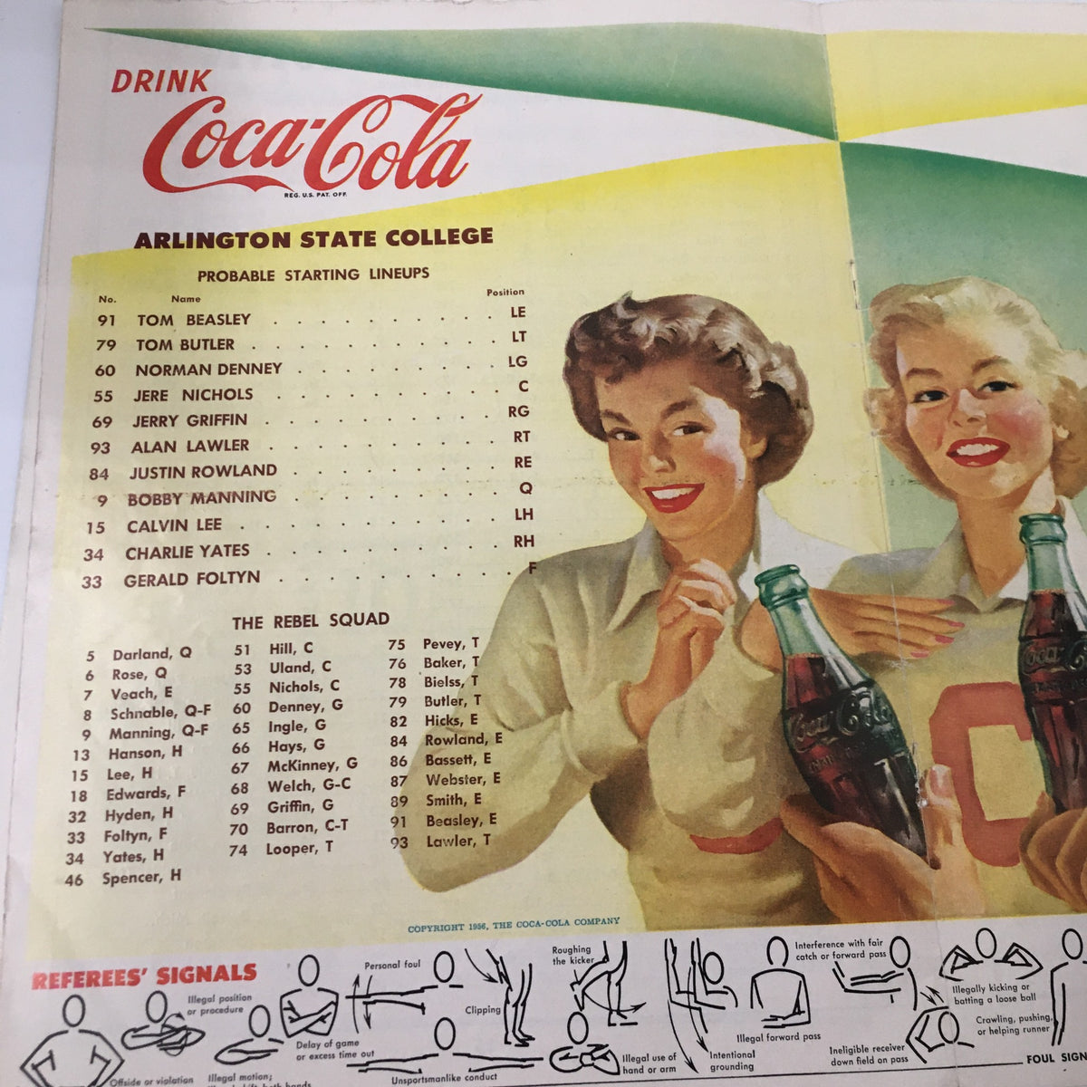 Advertisement for Coca-Cola featuring the starting lineup for Arlington State College, from the December 8, 1956 NCAA Football Arlington vs Compton Junior Rose Bowl Game Program.