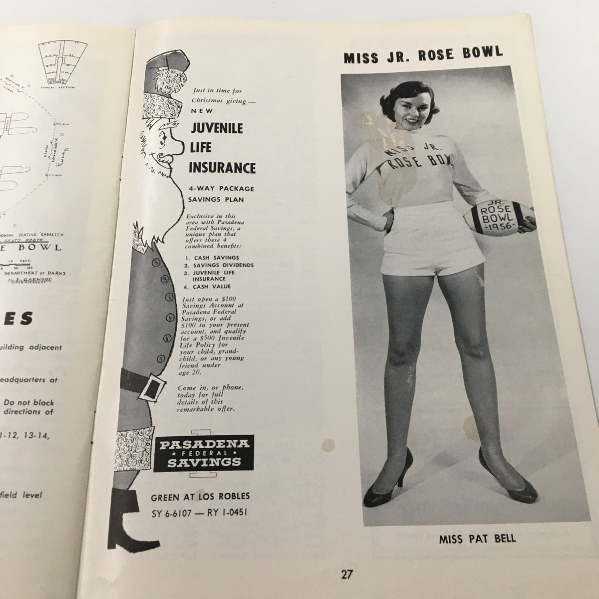 Advertisement for Pasadena Federal Savings featuring Miss Pat Bell, included in the December 8, 1956 NCAA Football Arlington vs Compton Junior Rose Bowl Game Program.