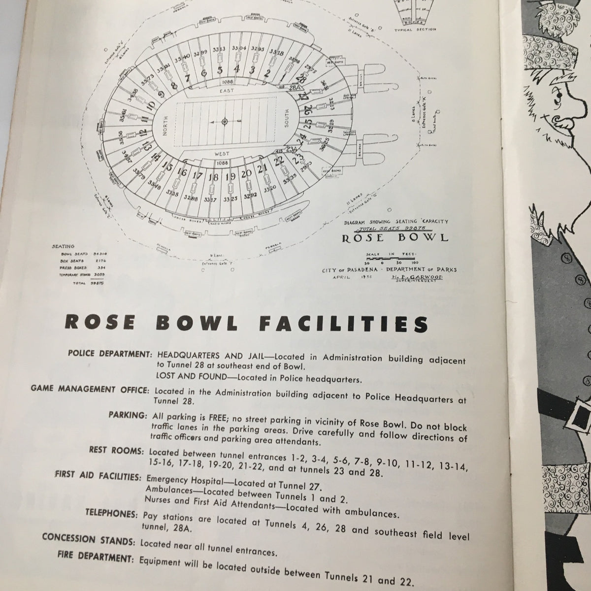 Image of seating chart for the Rose Bowl facilities, detailing parking, management areas, and first aid locations for the December 8 1956 NCAA Football Arlington vs Compton Junior Rose Bowl Game Program.
