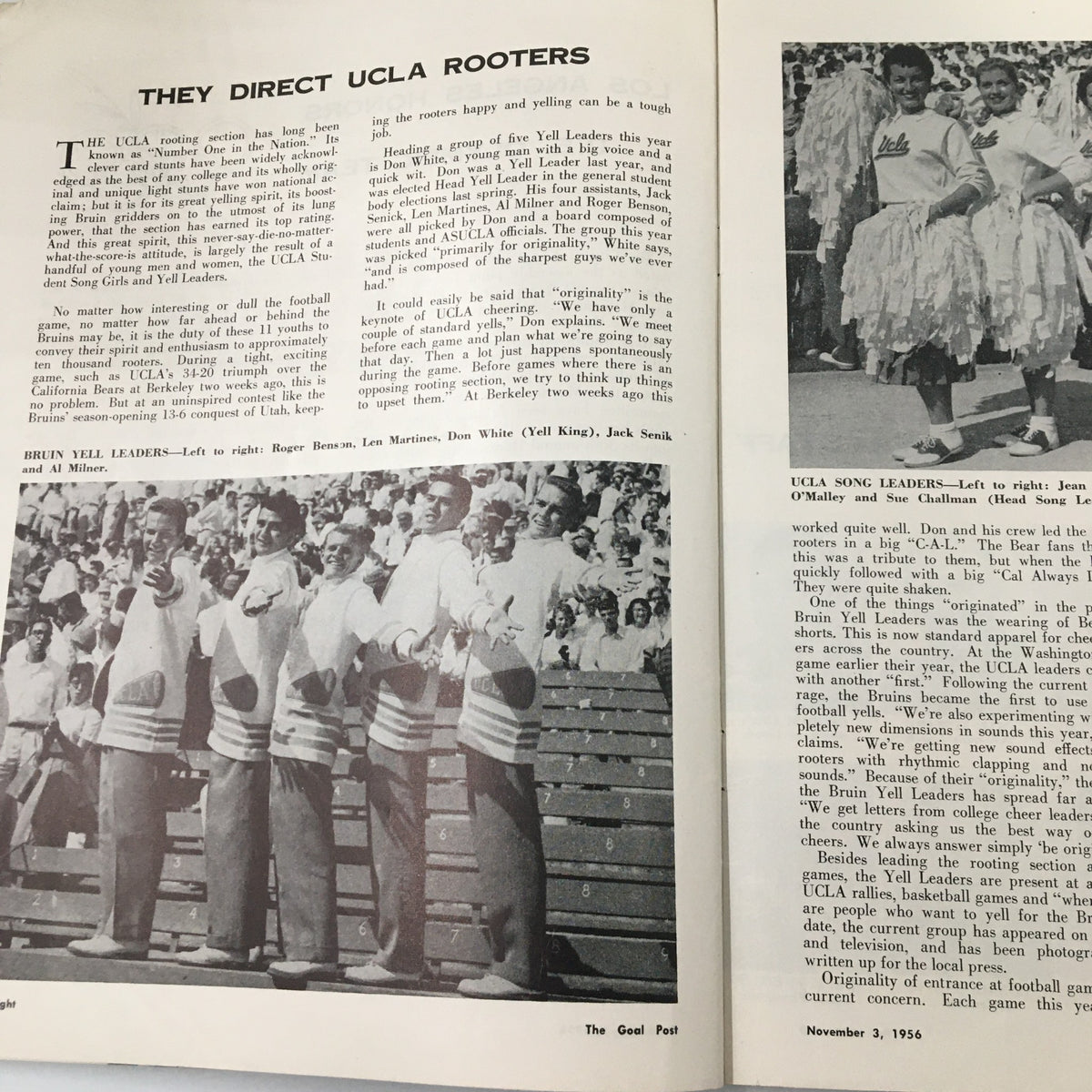 Page from the November 3, 1956 NCAA Football Stanford Cardinal vs. UCLA Bruins Goal Post Program highlighting the UCLA cheerleaders and their role during the game.