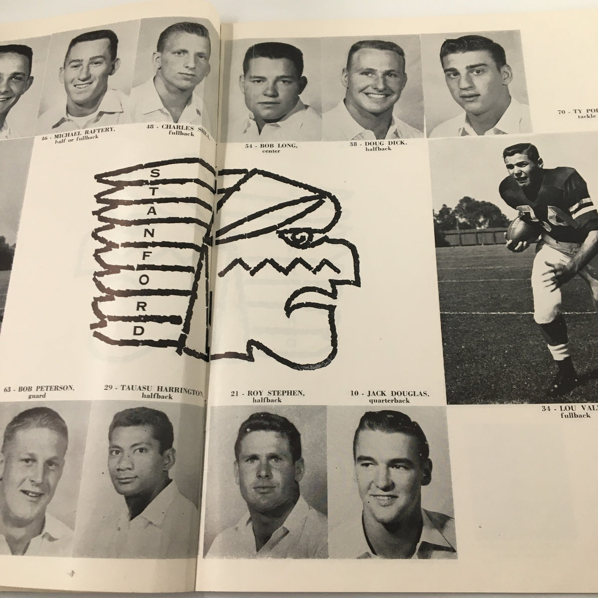Team roster page of the November 3, 1956 NCAA Football Stanford Cardinal vs. UCLA Bruins Goal Post Program featuring Stanford players and their positions next to the team's mascot logo.