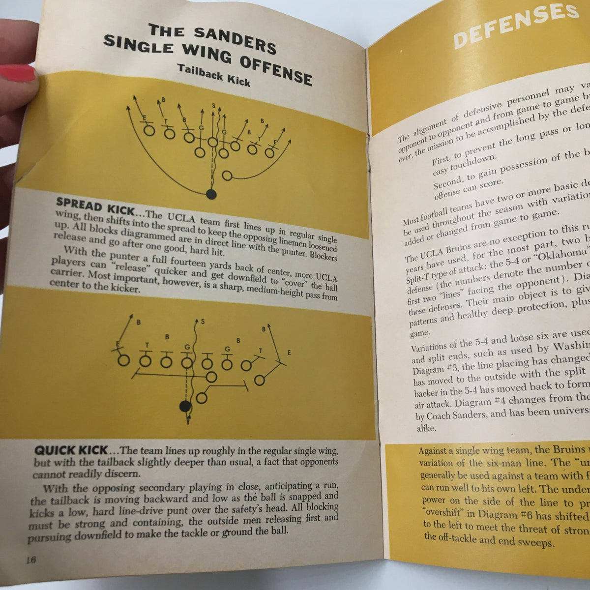 1958 NCAA Packard Bell UCLA Bruins Football Official Program page detailing the Single Wing Offense, focusing on spreading plays and quick pass strategies.