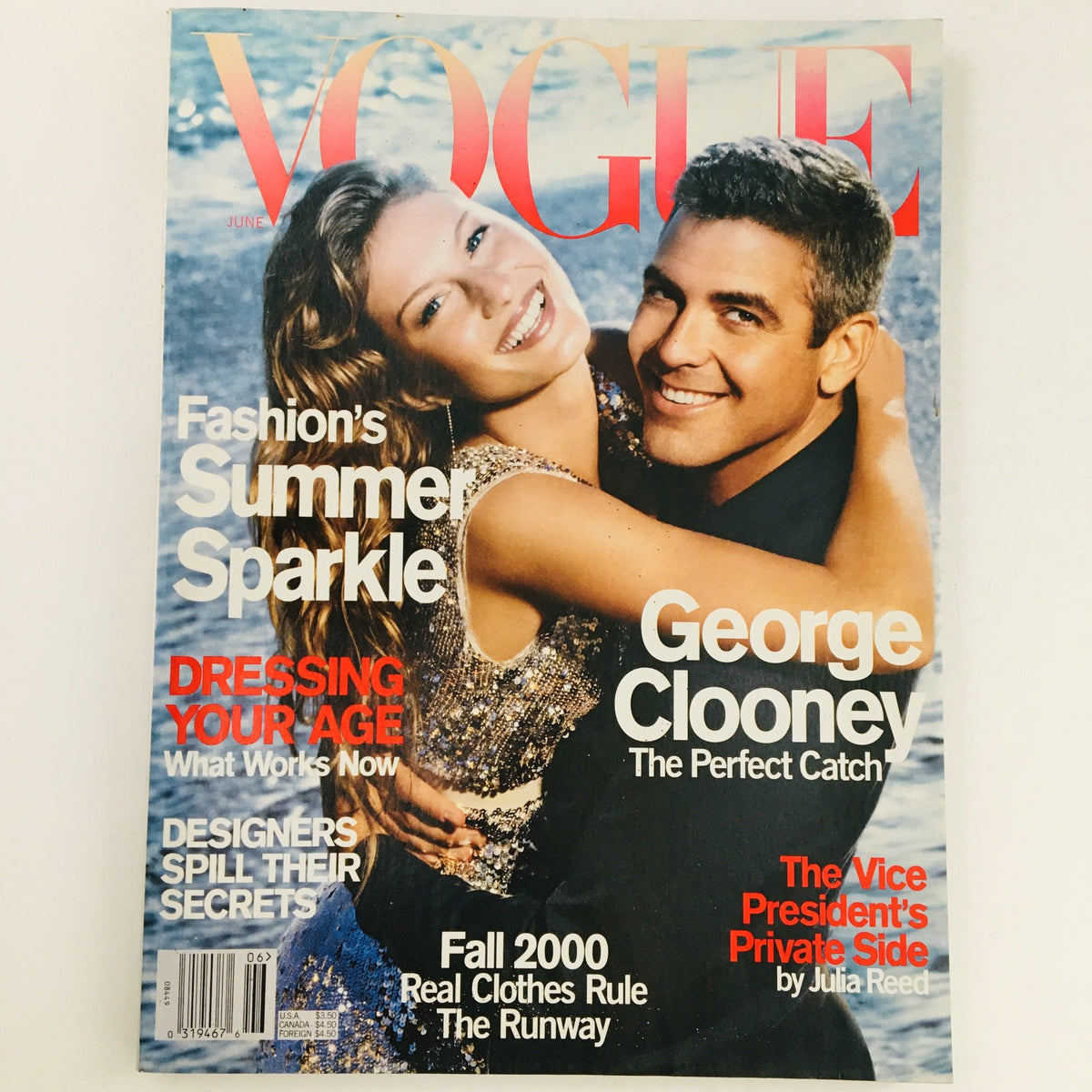 Vogue Magazine June 2000 featuring Gisele Bündchen and George Clooney on the cover, showcasing a glamorous snapshot of early 2000s fashion and celebrity culture.