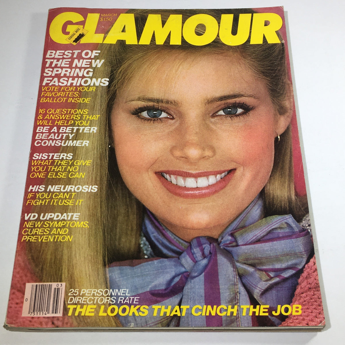 VTG Glamour Magazine March 1980 cover featuring Kelly Emberg, showcasing her smiling face and trendy fashion style, perfect for vintage magazine collectors.