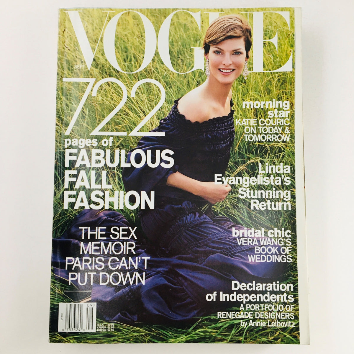 Cover of Vogue Magazine, September 2001, featuring Canadian model Linda Evangelista, no label, VG condition