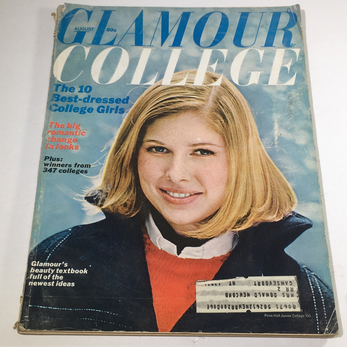 Cover of VTG Glamour College Magazine: August 1966 featuring a young woman with a stylish bob haircut, showcasing a retro fashion look. The magazine highlights 'The 10 Best-dressed College Girls' and includes features on beauty trends and college life.