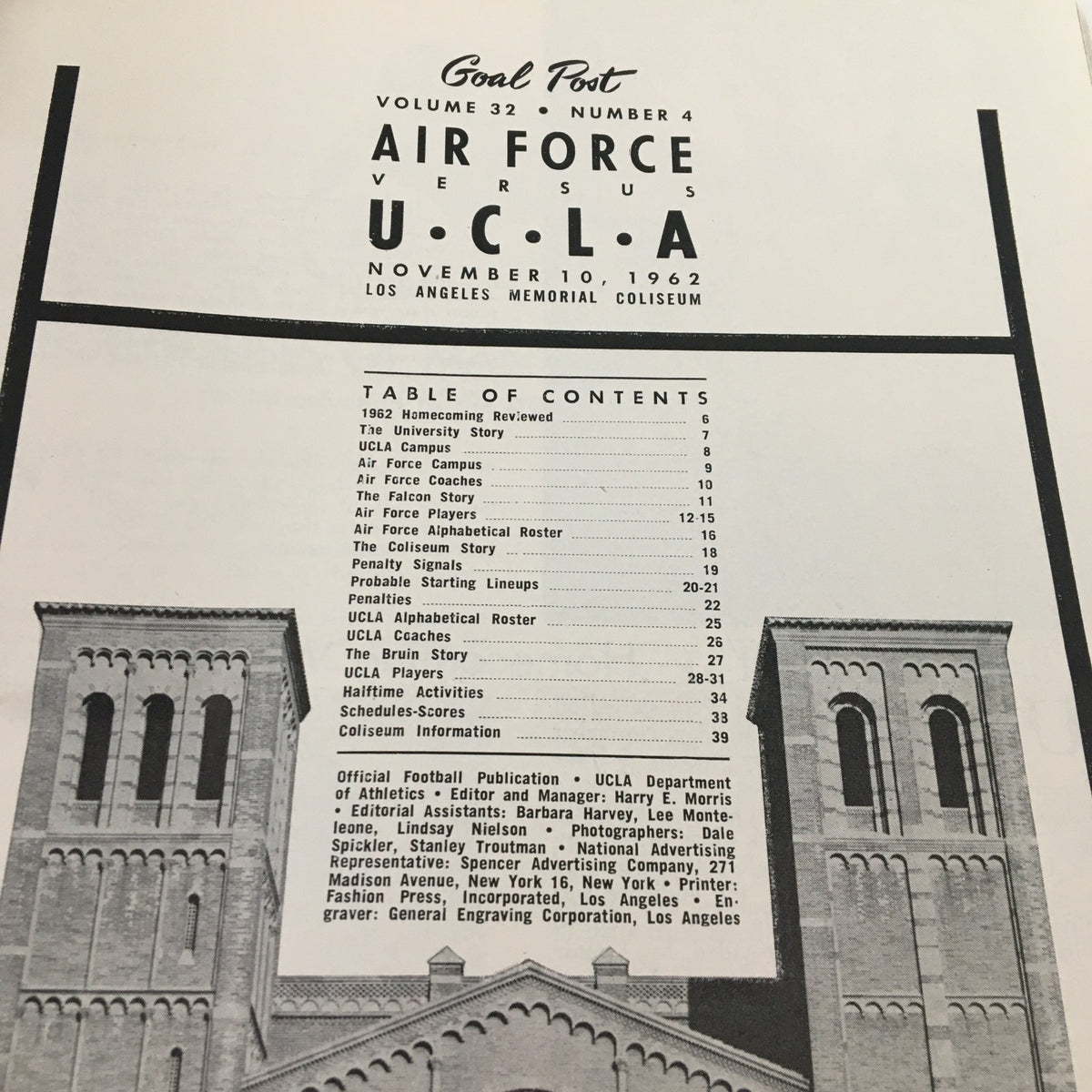 Table of contents page from the November 10, 1962 NCAA Football Air Force vs UCLA Official Program.