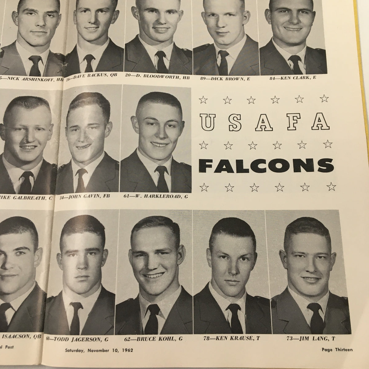 Player roster page showcasing Air Force Academy athletes from the November 10, 1962 NCAA Football Air Force vs UCLA Official Program.