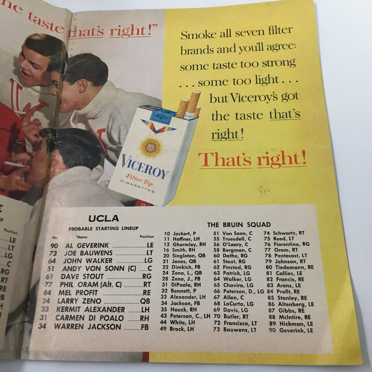 Detailed program page featuring UCLA football roster and player names from the November 10 1962 NCAA Football Air Force vs UCLA Official Program.