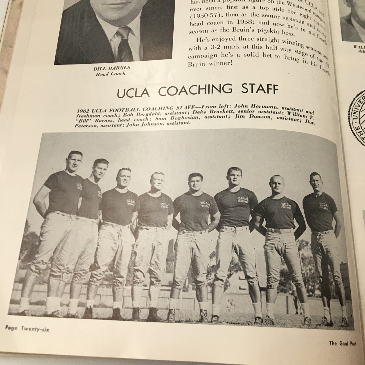 UCLA coaching staff photo with names and titles from the November 10 1962 NCAA Football Air Force vs UCLA Official Program.