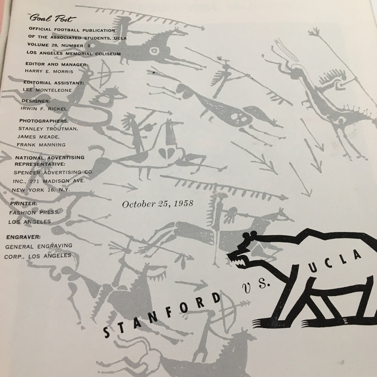 Inside page of the October 25, 1958 NCAA Football Stanford vs UCLA The Goal Post official program displaying the publication details and a graphic representation of the game.