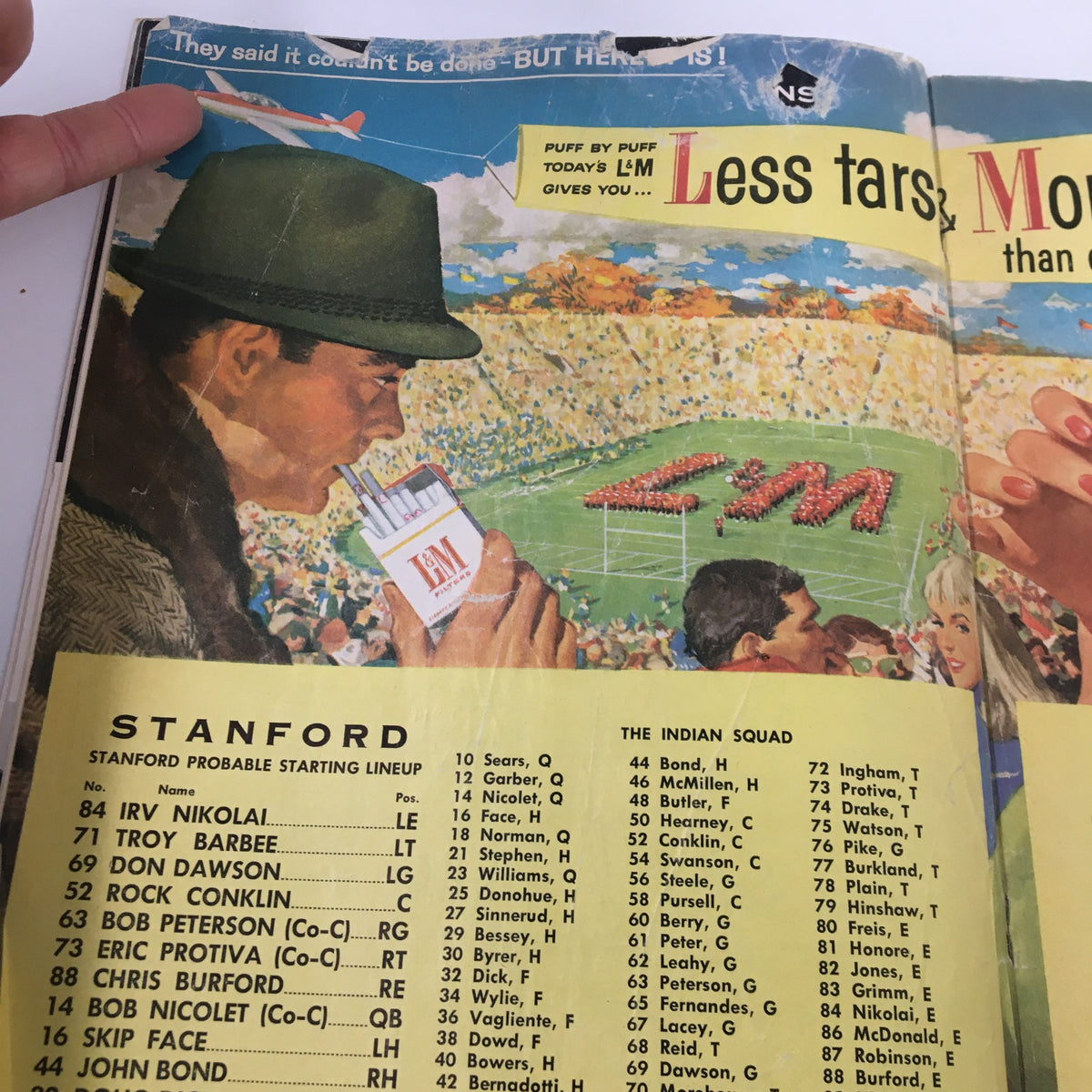 Detailed page from the October 25, 1958 NCAA Football Stanford vs UCLA The Goal Post official program listing the Stanford probable starting lineup with a view of fans in the background.