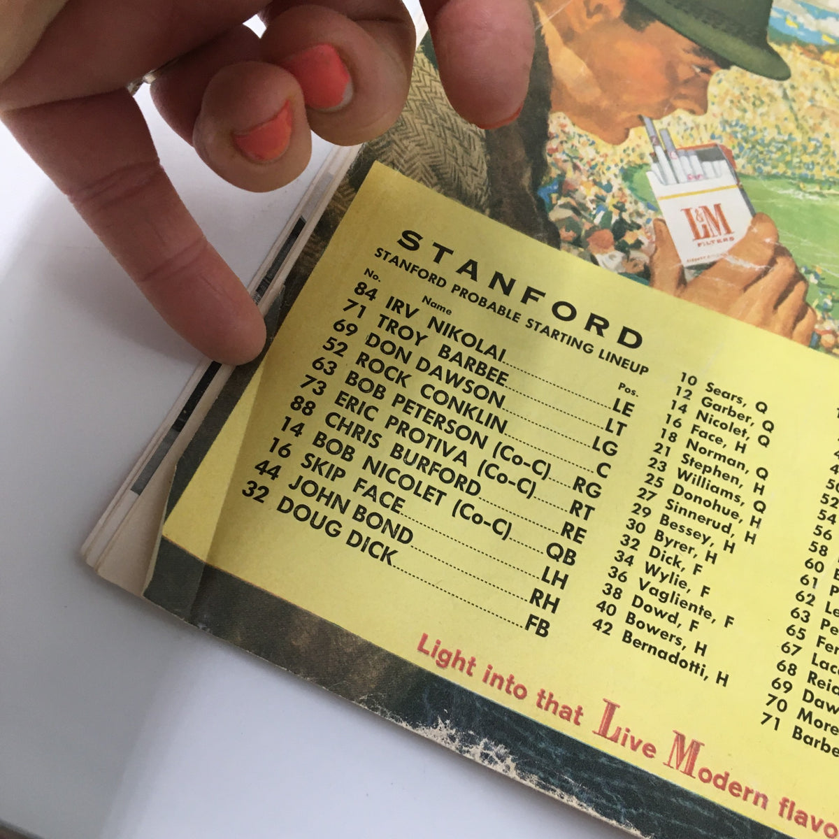 Close-up view of the Stanford probable starting lineup from the October 25, 1958 NCAA Football Stanford vs UCLA The Goal Post official program, showing player names and positions.