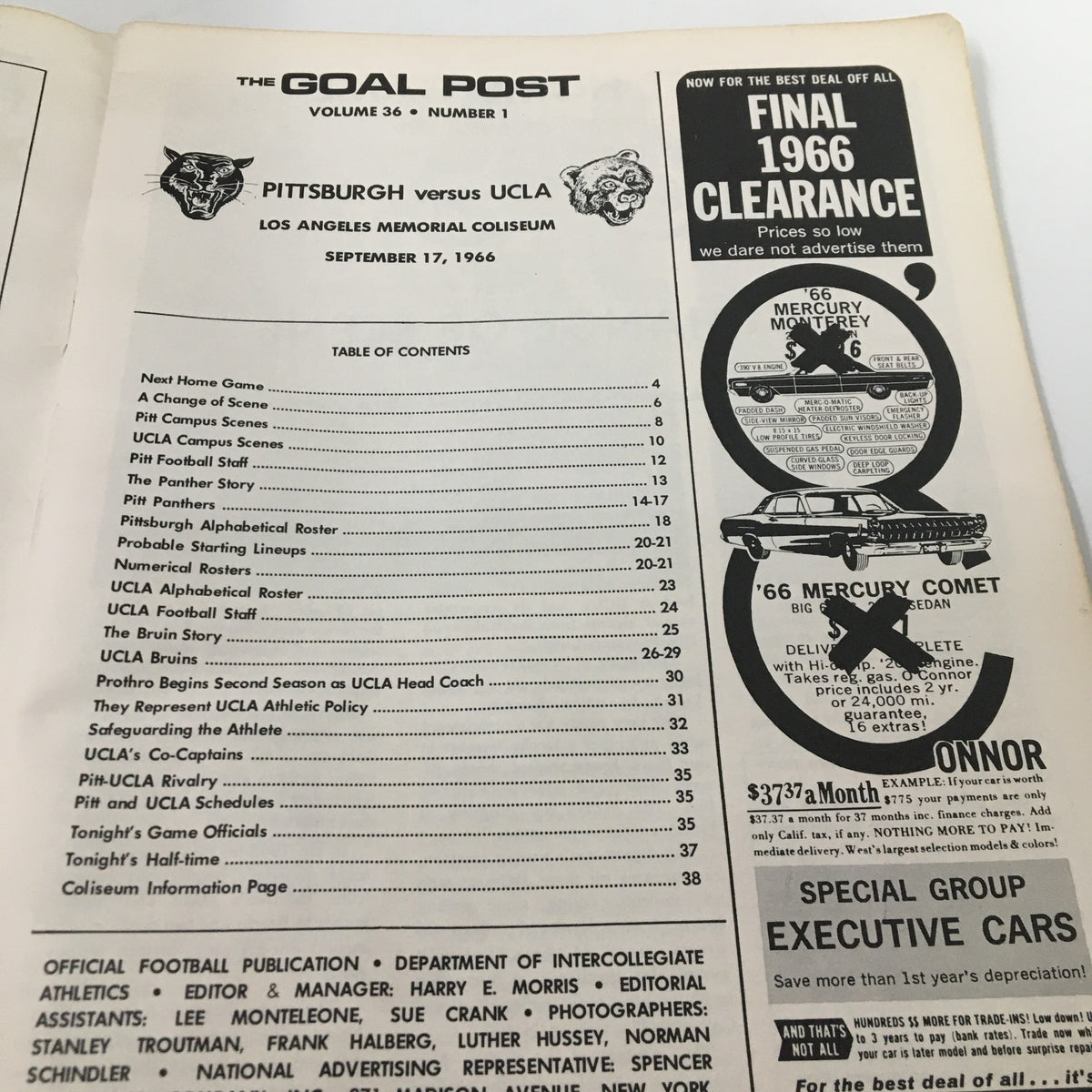 Table of contents page from the September 17, 1966 NCAA Football Pittsburgh vs UCLA The Goal Post Program.