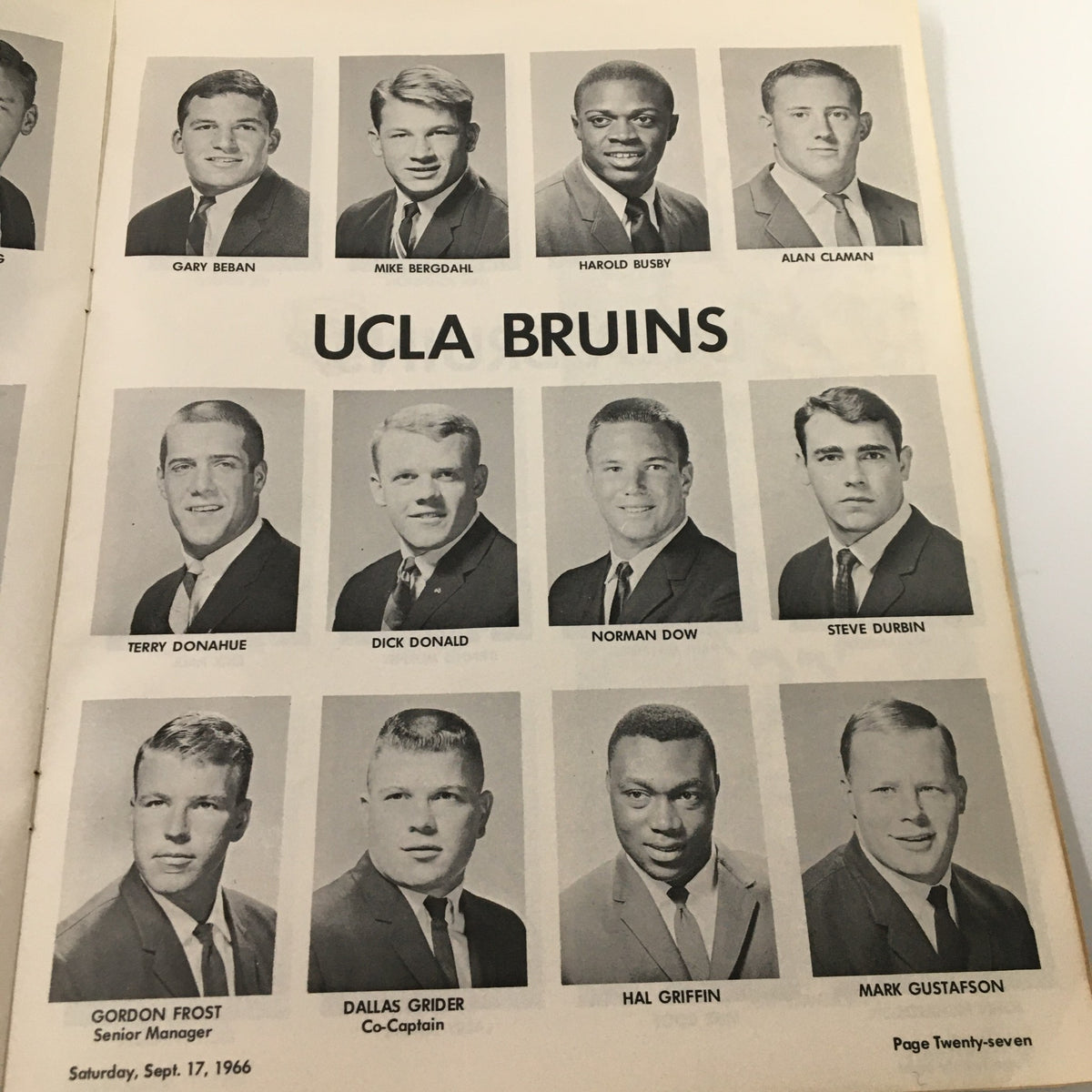 UCLA Bruins team members including Gary Bean and Mike Belgoahl from the September 17, 1966 NCAA Football Pittsburgh vs UCLA The Goal Post Program.