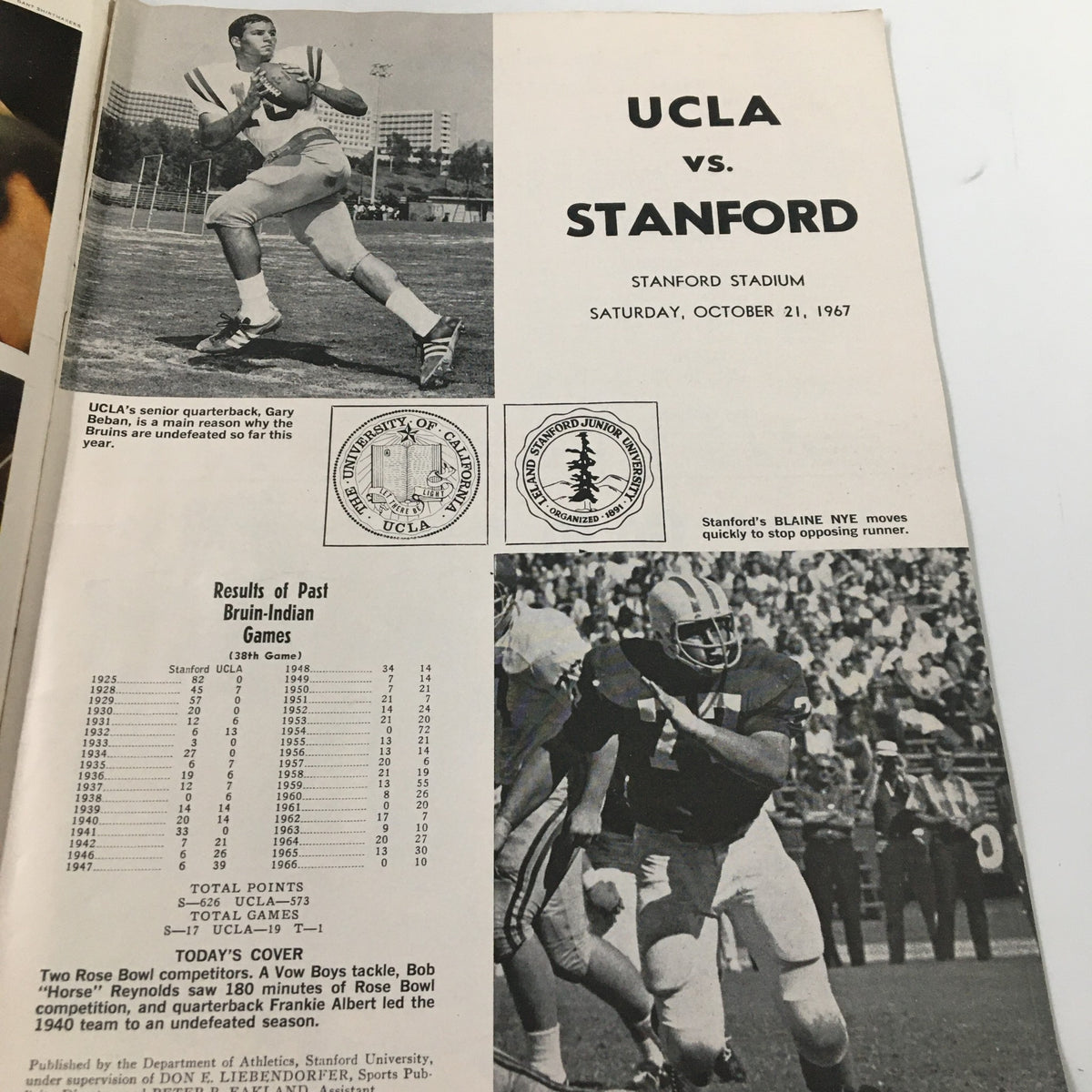 Inside page of the October 21, 1967 NCAA Football program featuring a photo of UCLA's quarterback and game details against Stanford.
