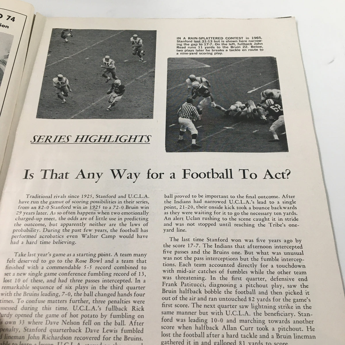 Inside page of the October 21, 1967 NCAA Football program highlighting series history between UCLA and Stanford.