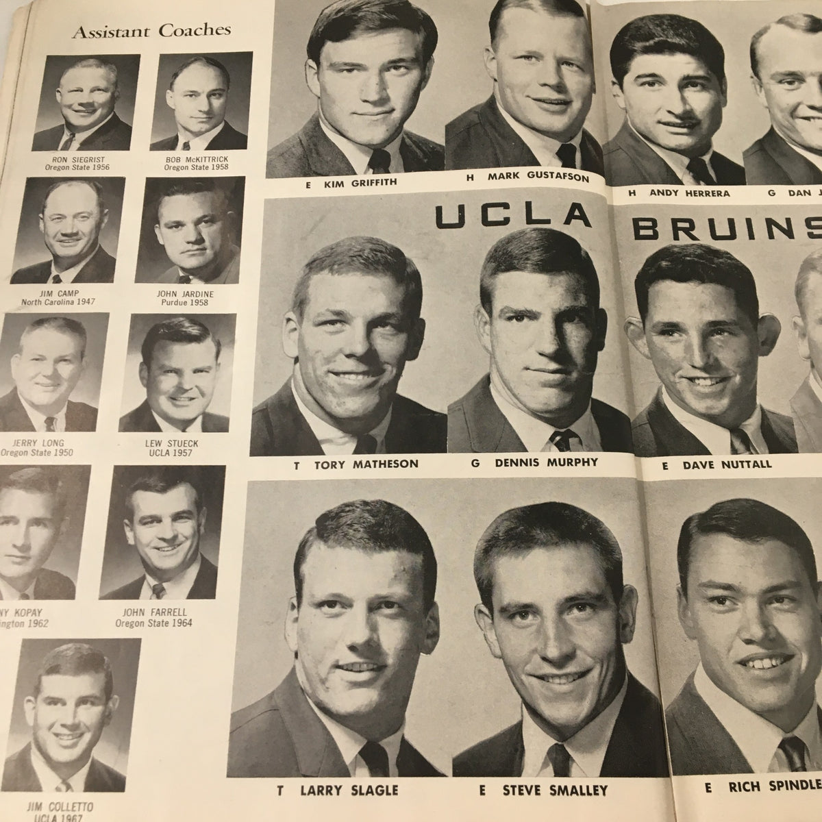 October 21 1967 NCAA Football UCLA Bruins vs Stanford Cardinal Official Program displaying images of assistant coaches including Kim Griffith and Mark Gustafson.