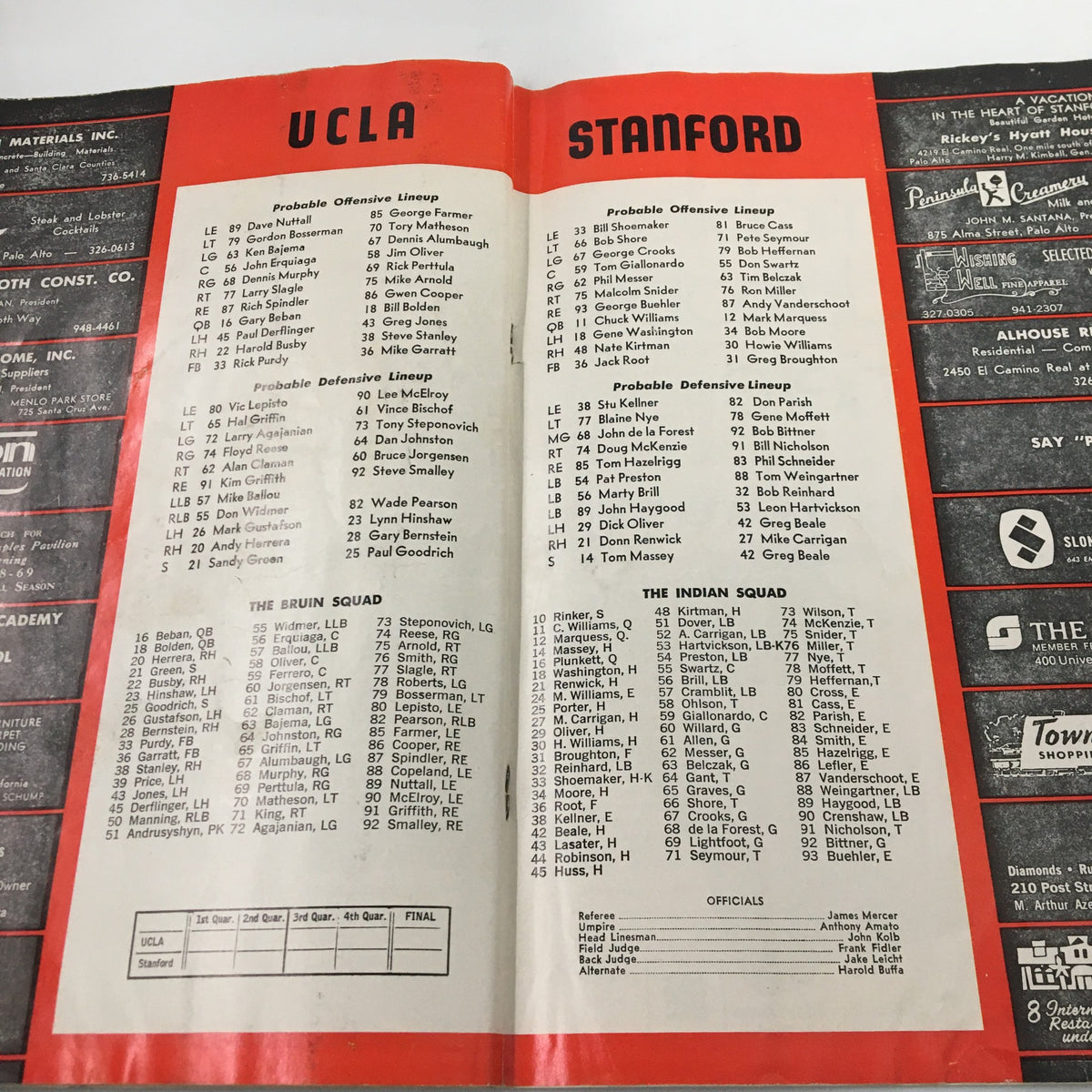 October 21 1967 NCAA Football UCLA Bruins vs Stanford Cardinal Official Program showing the lineup details for UCLA and Stanford, including players and coaches.