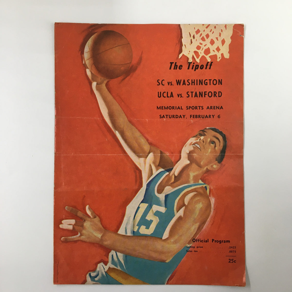 Cover of the February 6 1959 NCAA Basketball SC vs Washington The Tipoff Official Program featuring a colorful illustration of a player shooting a basketball.