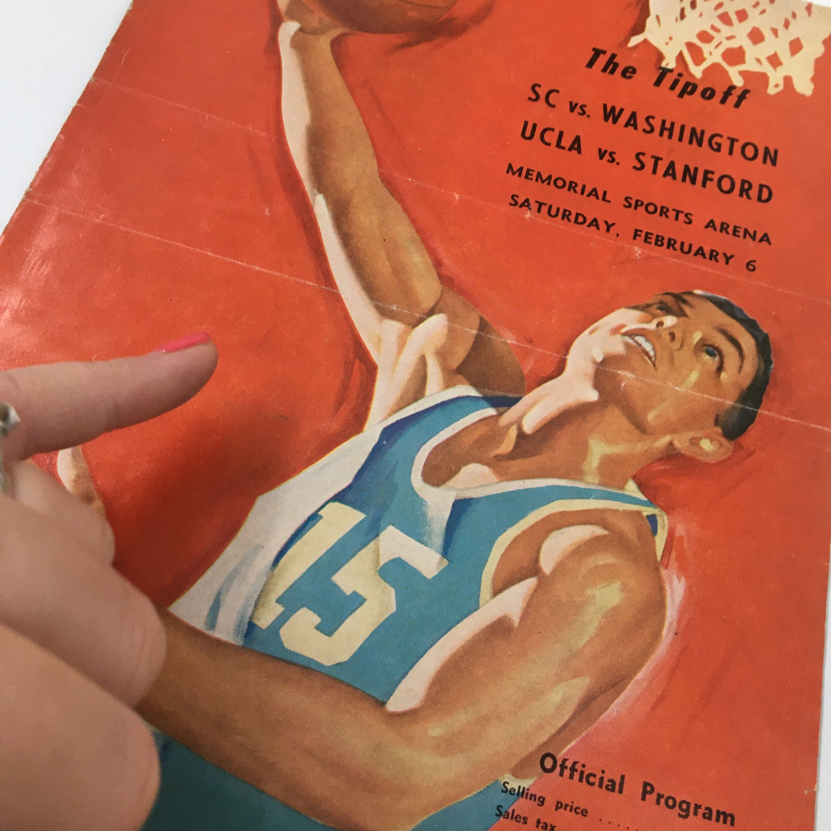 Close-up of the February 6 1959 NCAA Basketball SC vs Washington The Tipoff Official Program cover showing an athlete in action, highlighting the program's artistic design.