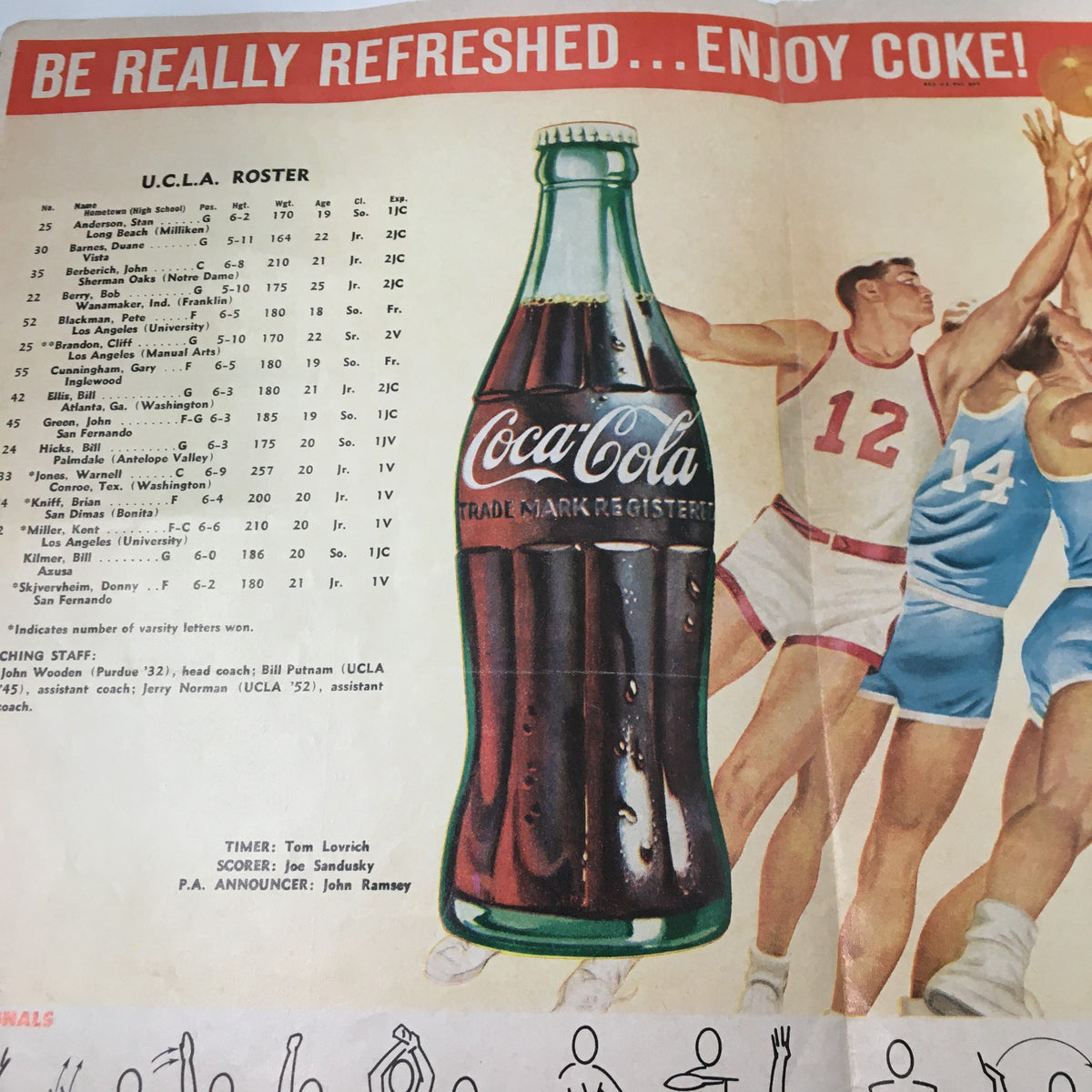 UCLA roster page from the February 6 1959 NCAA Basketball SC vs Washington The Tipoff Official Program, featuring a vintage Coca-Cola advertisement in the background.