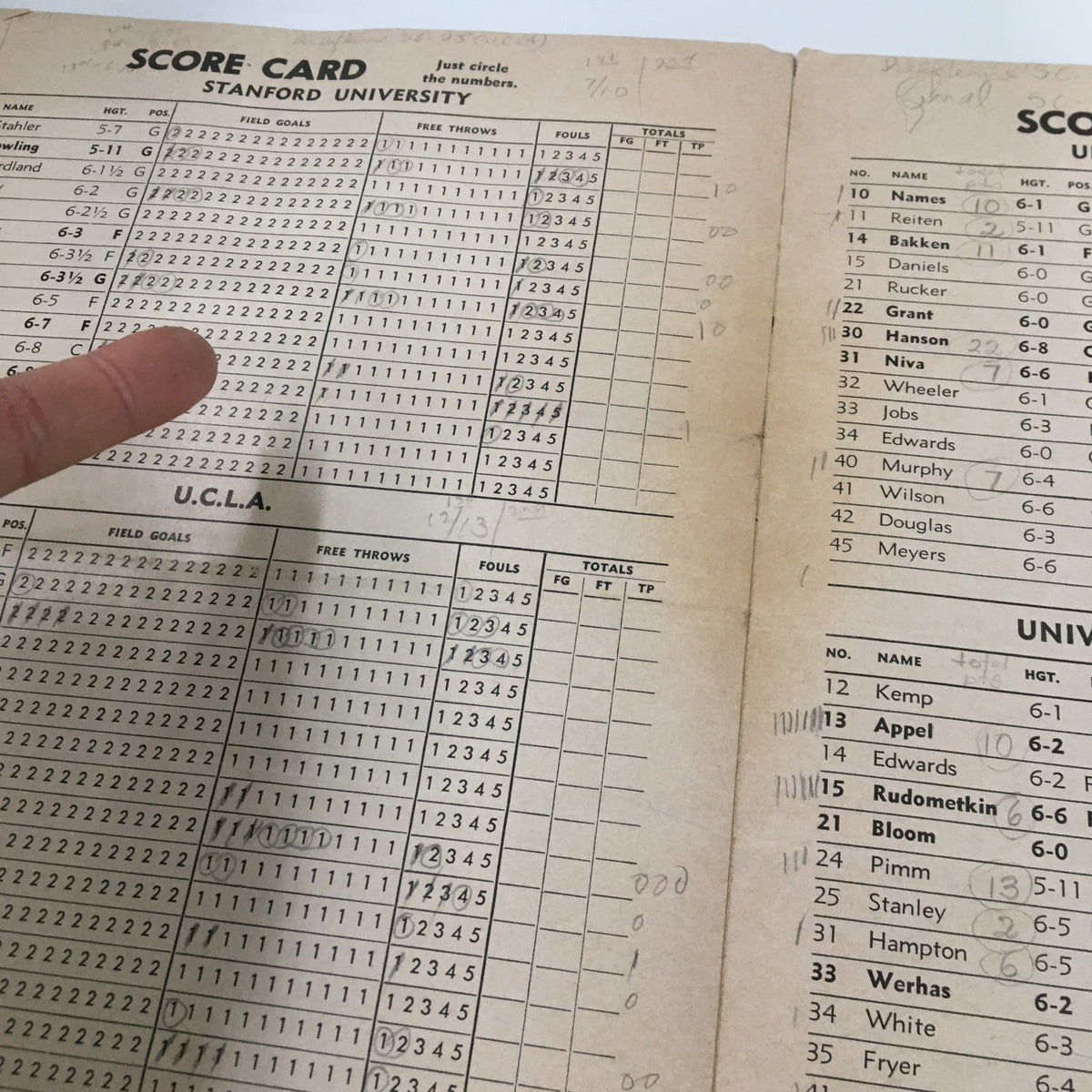 Score card page from the February 6 1959 NCAA Basketball SC vs Washington The Tipoff Official Program, displaying recorded game statistics and handwritten notes.