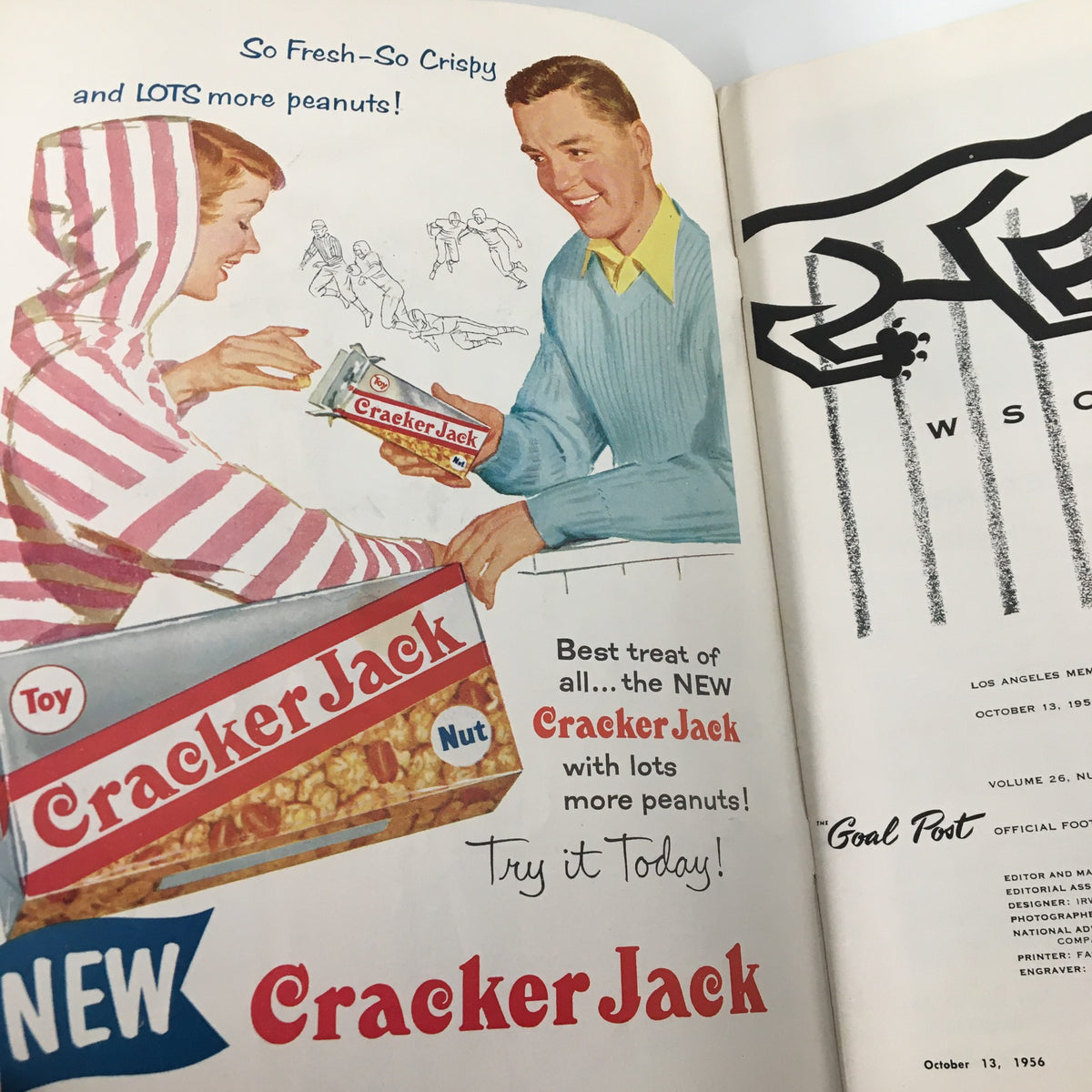 Advertisement for Cracker Jack in the September 14, 1956 NCAA Football UCLA Bruins program 'The Goal Post', depicting a young boy and a man promoting the snack.
