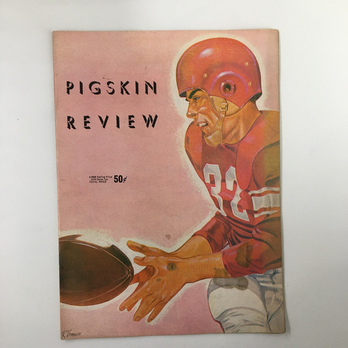 Cover of the November 26, 1955 NCAA Football USC vs University of Notre Dame Pigskin Review, featuring an illustration of a football player in a red helmet and jersey, capturing the essence of mid-20th century college football.