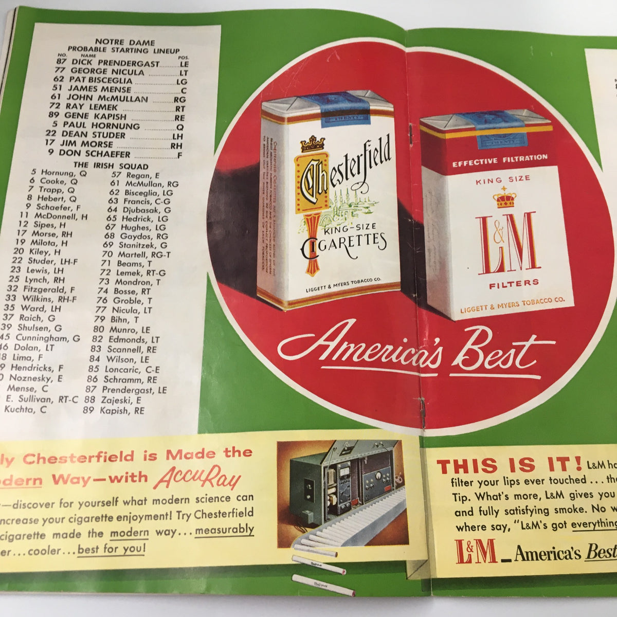 Advertisement for Chesterfield cigarettes alongside the Notre Dame starting lineup, featured in the November 26, 1955 NCAA Football USC vs. University of Notre Dame Pigskin Review.