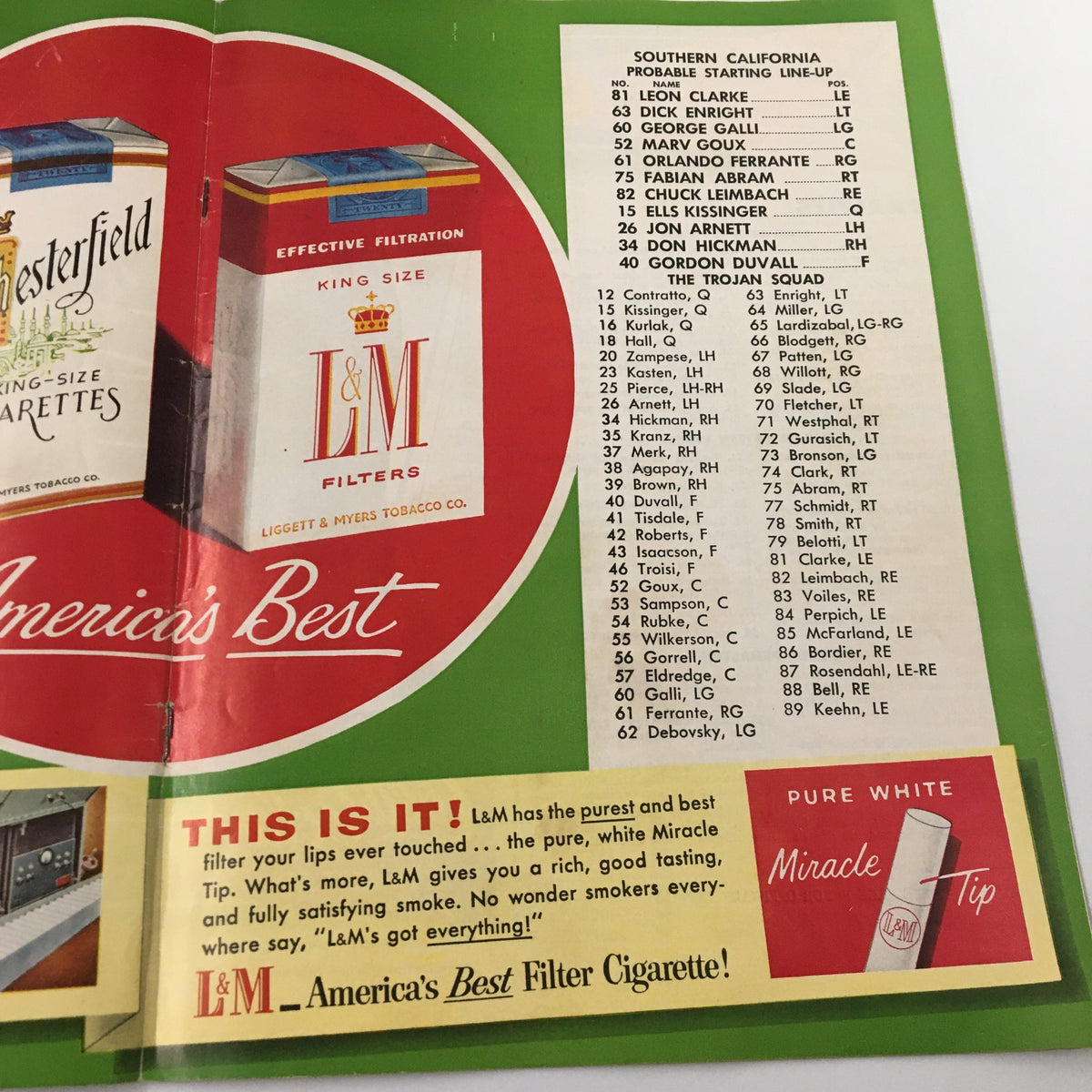 Advertisement for L&M cigarettes with the Southern California starting lineup, part of the November 26, 1955 NCAA Football USC vs. University of Notre Dame Pigskin Review.