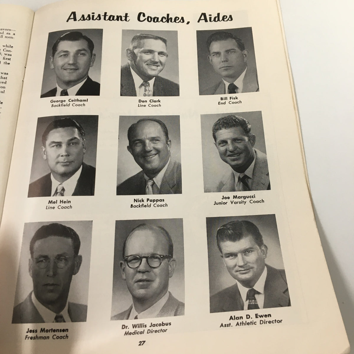 Portraits of assistant coaches and aides for the Southern California football team, featured in the November 26, 1955 NCAA Football USC vs. University of Notre Dame Pigskin Review.