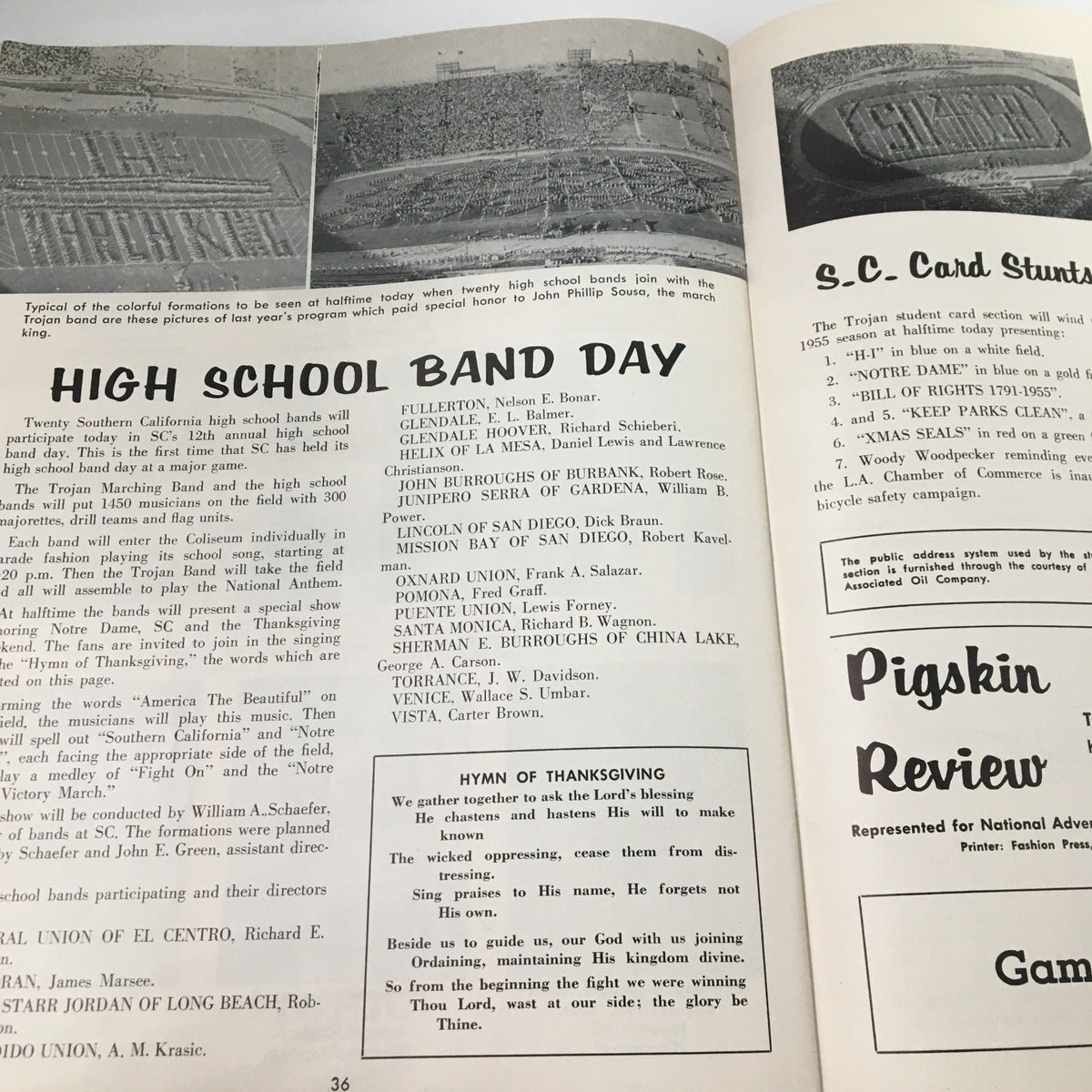 Page from November 26, 1955 NCAA Football USC vs University of Notre Dame Pigskin Review featuring High School Band Day event details and images of the stadium, showcasing the vibrant college football atmosphere.
