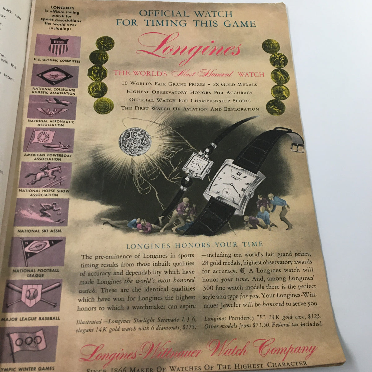 Inside page of the September 27, 1957 NCAA Football Official Program 'The Goal Post', showcasing an advertisement for Longines watches, emphasizing its connection to sports history.