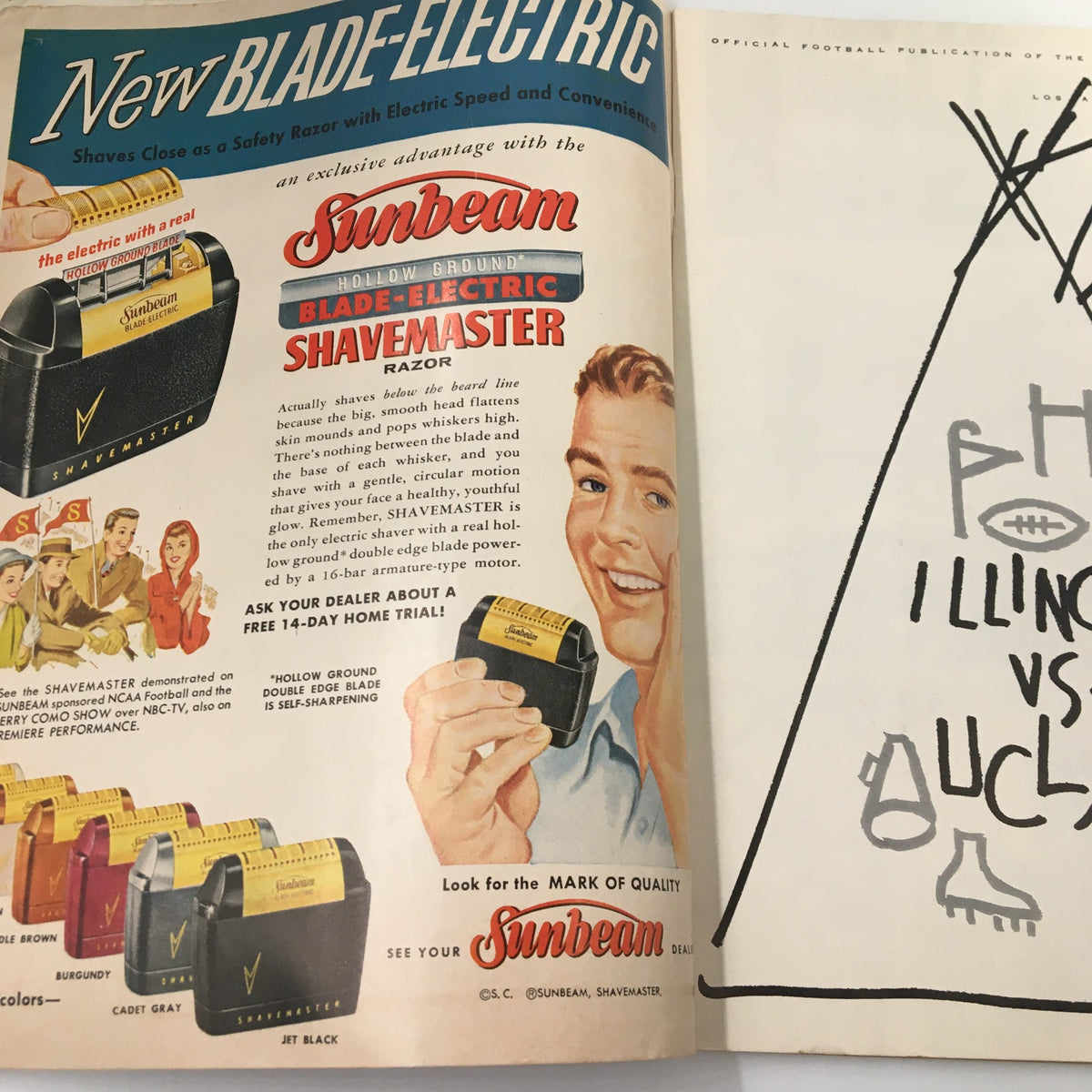 Vintage advertisement for Sunbeam Blade-Electric Shavemaster Razor featured in the September 27, 1957 NCAA Football Illinois vs UCLA The Goal Post Official Program.