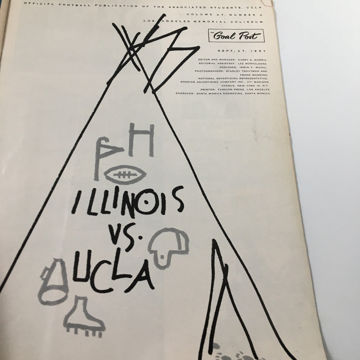Illustrated cover of the September 27, 1957 NCAA Football Illinois vs UCLA The Goal Post Official Program displaying game details.