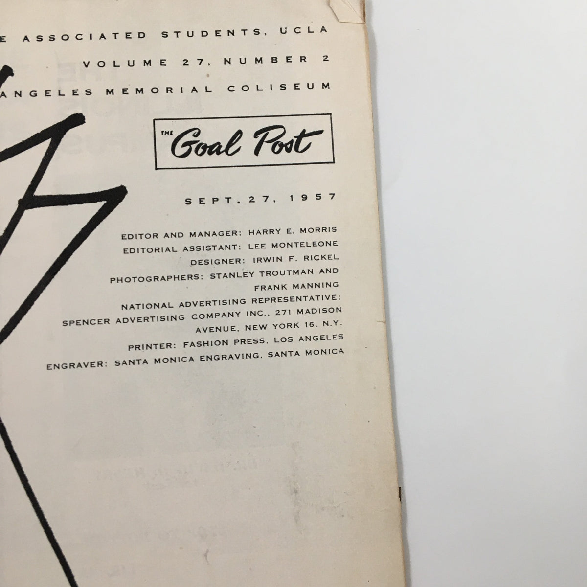 Title page of the September 27, 1957 NCAA Football Illinois vs UCLA The Goal Post Official Program highlighting editorial information.