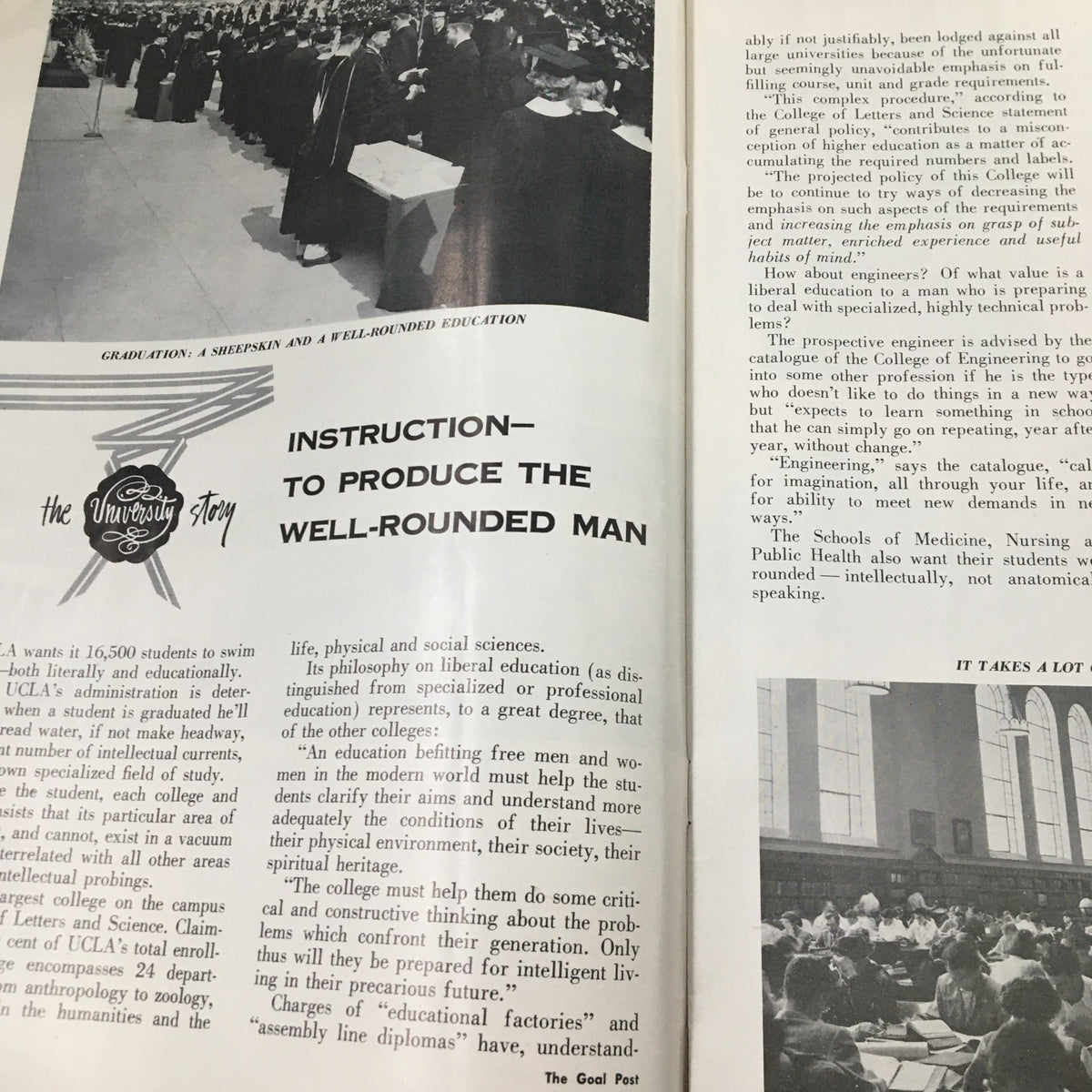 Page from the September 27, 1957 NCAA Football Illinois vs UCLA The Goal Post Official Program discussing educational topics.