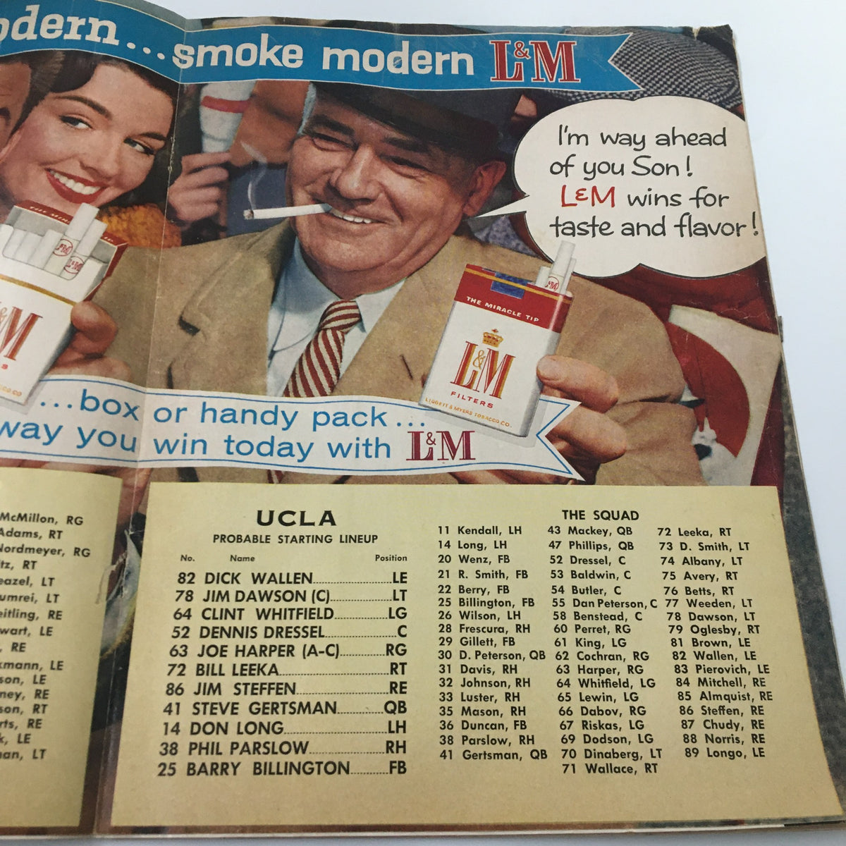 Ad showcasing UCLA roster and team details for the September 27, 1957 NCAA Football Illinois vs UCLA The Goal Post Official Program.