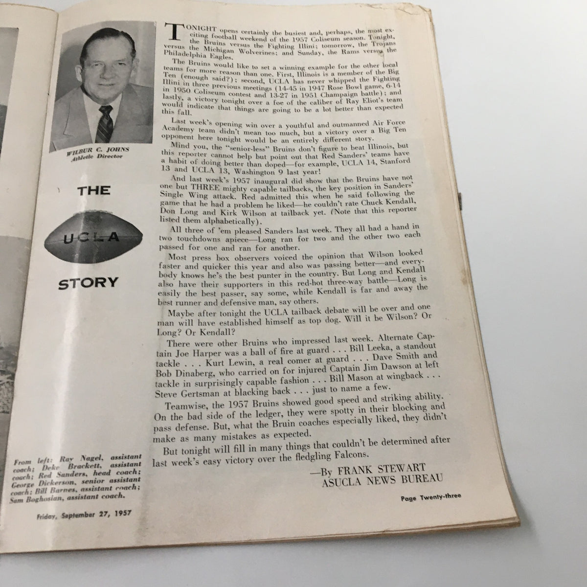 Article page discussing the game insights and commentary for the September 27, 1957 NCAA Football Illinois vs UCLA The Goal Post Official Program.