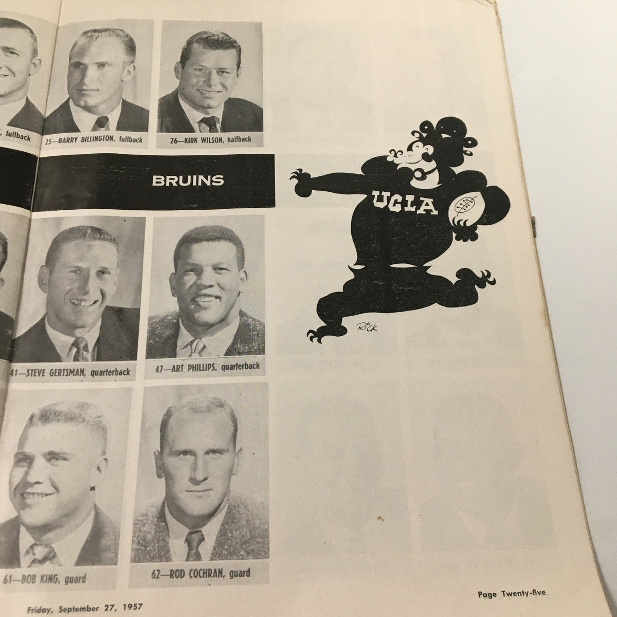 Image featuring UCLA football player portraits and mascot illustrations from the September 27, 1957 NCAA Football Illinois vs UCLA The Goal Post Official Program.
