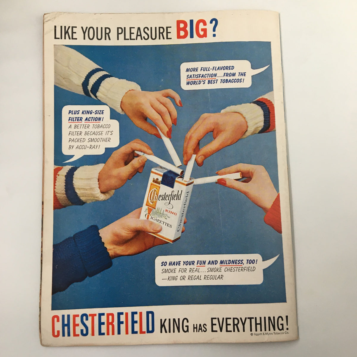 Classic Chesterfield King cigarette advertisement showcasing hands holding cigarette packs, promoting satisfaction and quality. September 27 1957 NCAA Football Illinois vs UCLA The Goal Post Official Program.