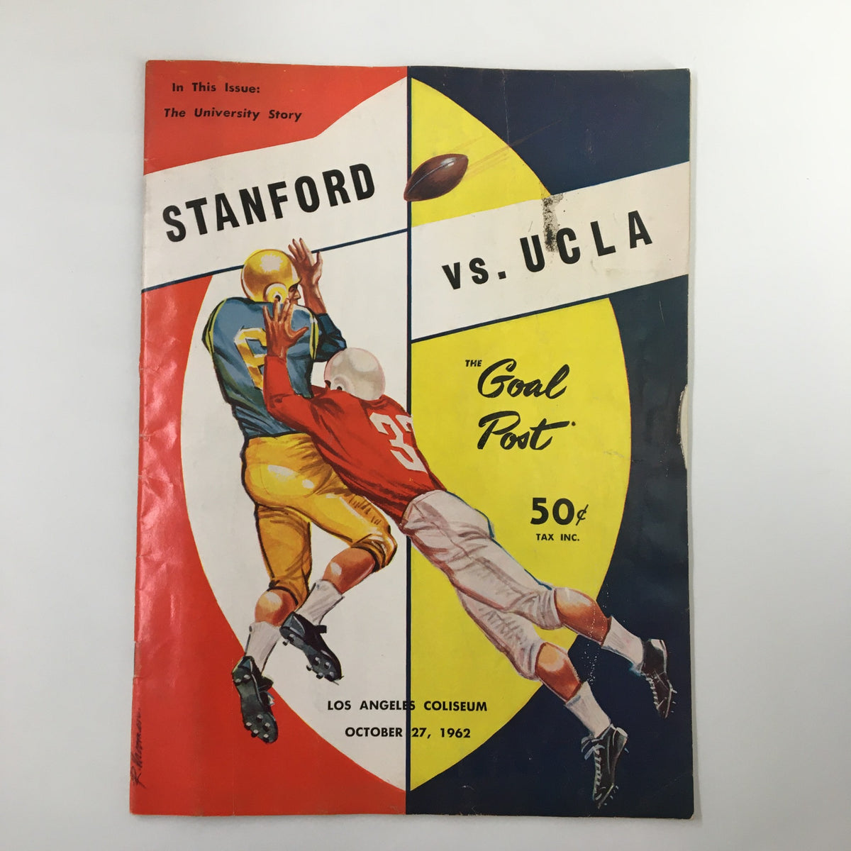 Official program cover for the October 27, 1962 NCAA Football game between Stanford and UCLA, featuring illustrations of players in action, titled 'The Goal Post.'